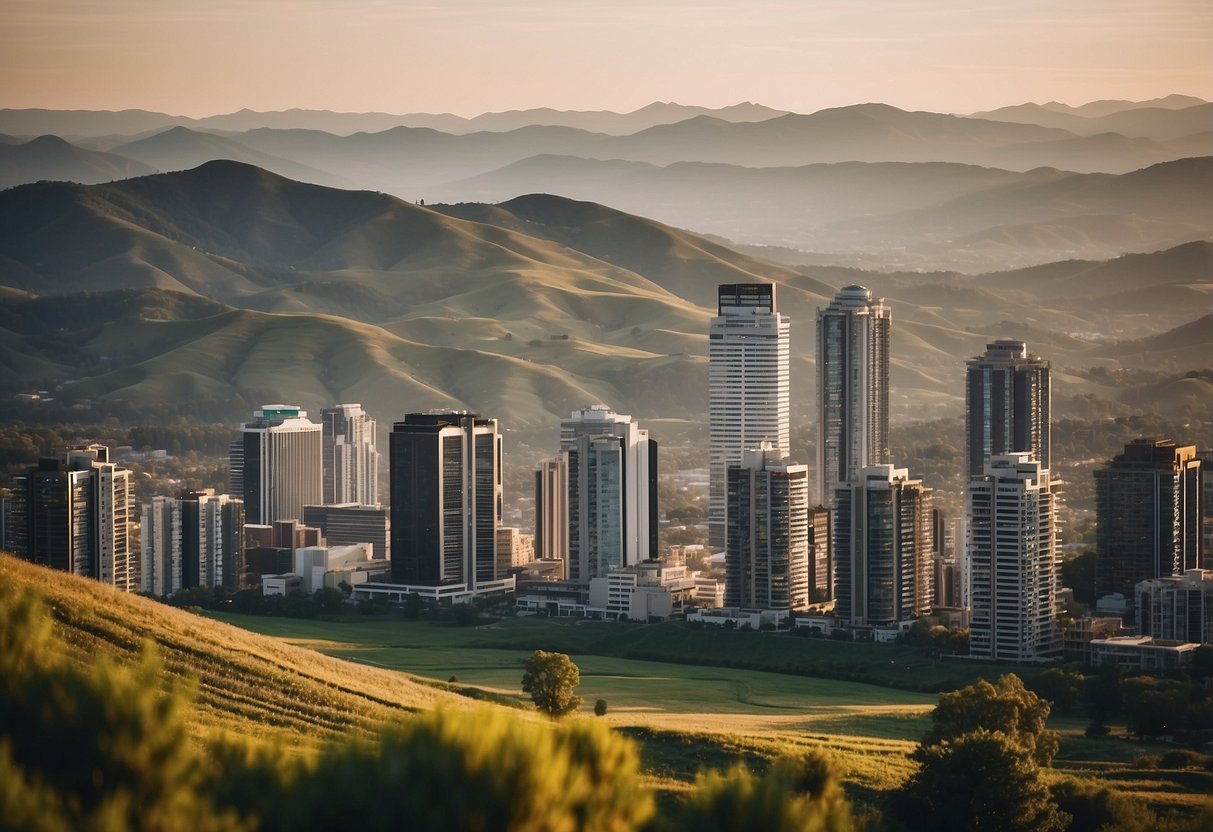 A bustling urban cityscape with skyscrapers in the background contrasts with a serene rural landscape featuring open fields and rolling hills