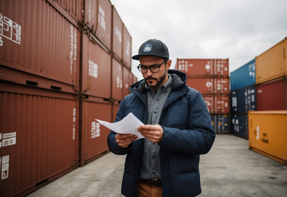 A person carefully inspects and compares different shipping containers, noting their size, condition, and price. They hold a checklist and a pen, ticking off the best options