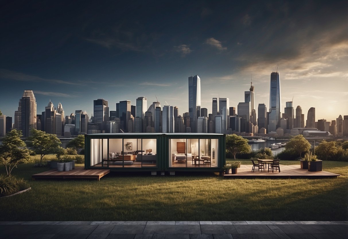 A bustling city skyline contrasts with a serene countryside landscape, showcasing the ideal locations for container homes